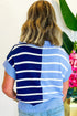 Striped Colorblock Half Zip Short Sleeve Knit Sweater