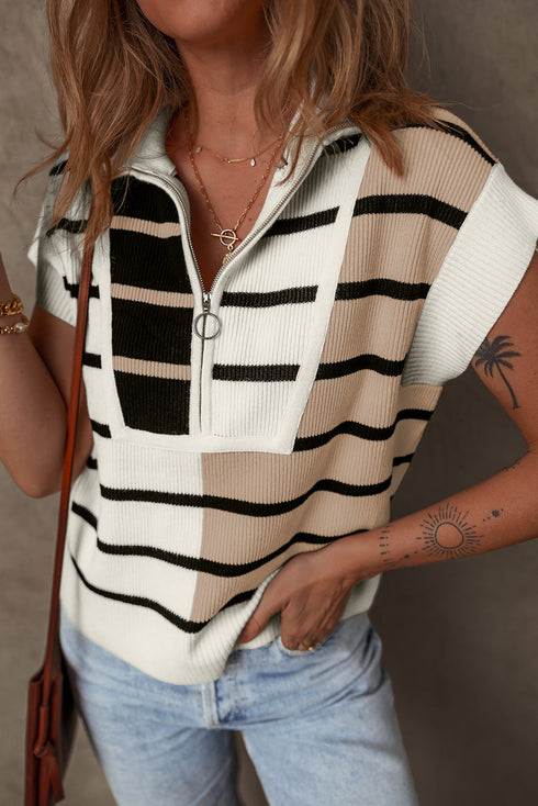 Striped Colorblock Half Zip Short Sleeve Knit Sweater