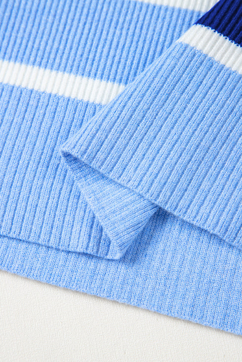 Striped Colorblock Half Zip Short Sleeve Knit Sweater