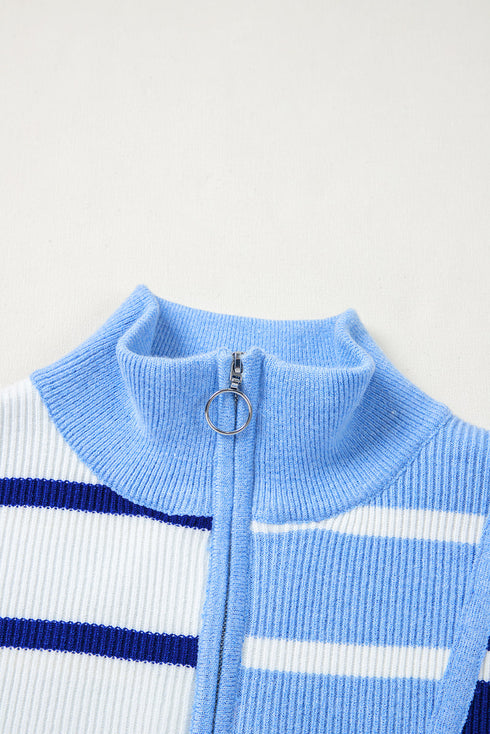 Striped Colorblock Half Zip Short Sleeve Knit Sweater