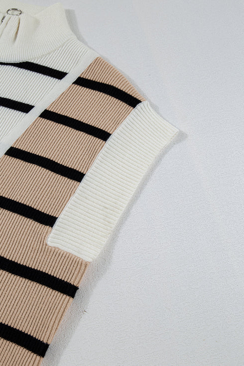 Striped Colorblock Half Zip Short Sleeve Knit Sweater