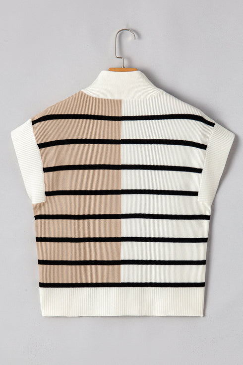 Striped Colorblock Half Zip Short Sleeve Knit Sweater