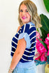 Striped Colorblock Half Zip Short Sleeve Knit Sweater