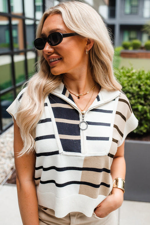 Striped Colorblock Half Zip Short Sleeve Knit Sweater