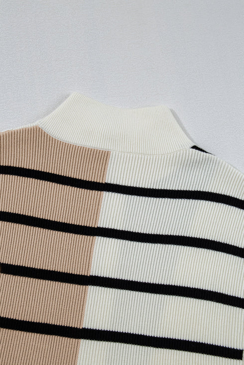 Striped Colorblock Half Zip Short Sleeve Knit Sweater