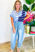 Striped Colorblock Half Zip Short Sleeve Knit Sweater
