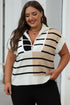 Striped Colorblock Half Zip Short Sleeve Knit Sweater