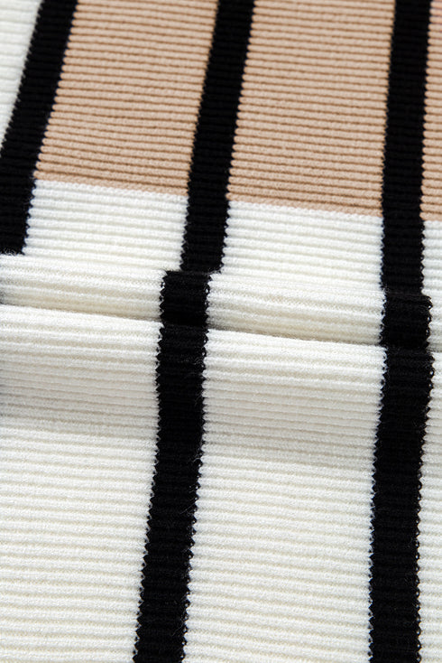 Striped Colorblock Half Zip Short Sleeve Knit Sweater