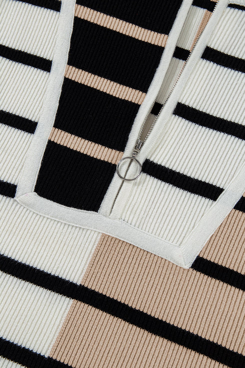 Striped Colorblock Half Zip Short Sleeve Knit Sweater