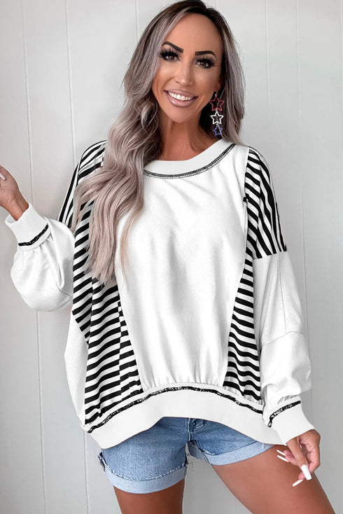 Striped Colorblock Patchwork Contrast Stitching Drop Shoulder Sweatshirt