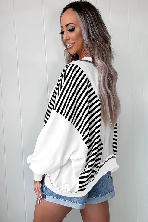 Striped Colorblock Patchwork Contrast Stitching Drop Shoulder Sweatshirt