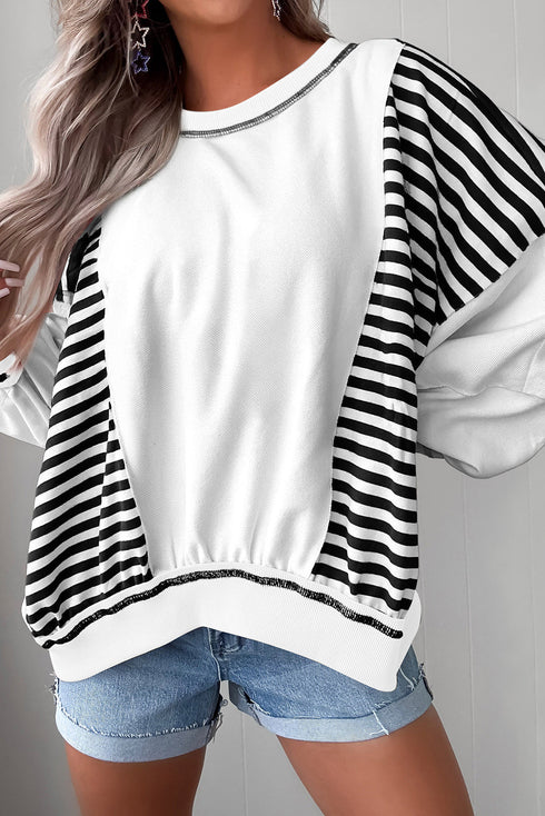 Striped Colorblock Patchwork Contrast Stitching Drop Shoulder Sweatshirt