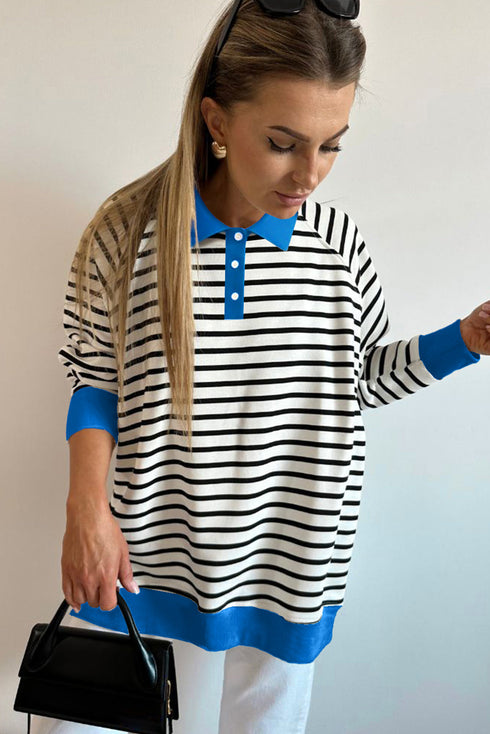 Striped Colorblock Polo Collar Button Front Side Slit Sweatshirt
