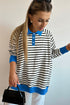 Striped Colorblock Polo Collar Button Front Side Slit Sweatshirt