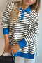 Striped Colorblock Polo Collar Button Front Side Slit Sweatshirt
