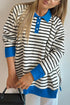 Striped Colorblock Polo Collar Button Front Side Slit Sweatshirt