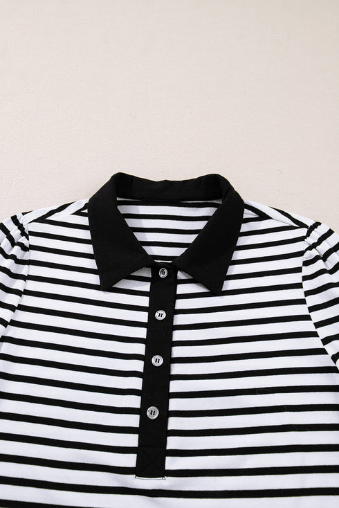 Striped Contrast Collar Button Placket Pocket Mini Dress