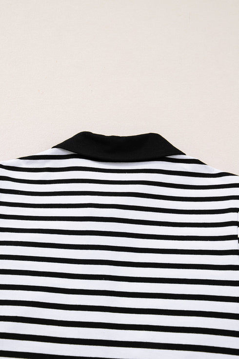 Striped Contrast Collar Button Placket Pocket Mini Dress
