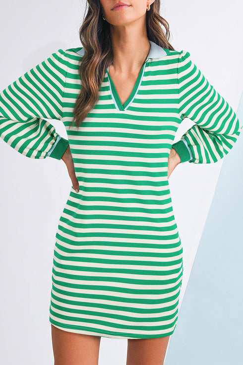 Striped Contrast Collar Split Neck Long Sleeve Mini Dress