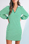 Striped Contrast Collar Split Neck Long Sleeve Mini Dress