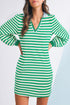 Striped Contrast Collar Split Neck Long Sleeve Mini Dress