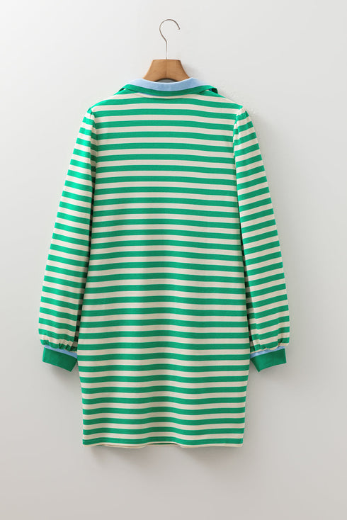 Striped Contrast Collar Split Neck Long Sleeve Mini Dress
