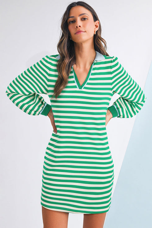 Striped Contrast Collar Split Neck Long Sleeve Mini Dress