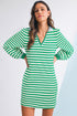 Striped Contrast Collar Split Neck Long Sleeve Mini Dress