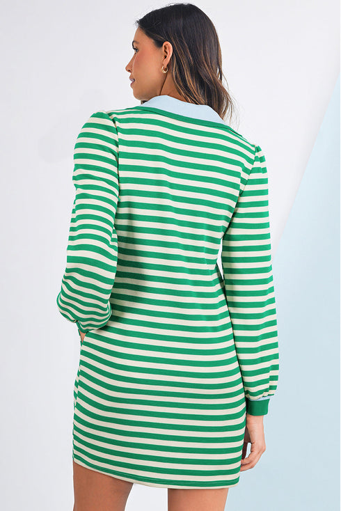 Striped Contrast Collar Split Neck Long Sleeve Mini Dress