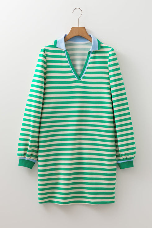 Striped Contrast Collar Split Neck Long Sleeve Mini Dress