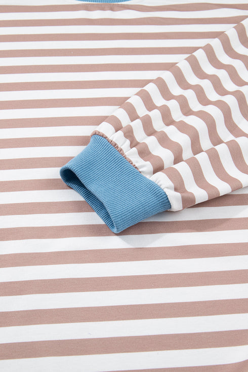 Striped Contrast Edge Drop Shoulder Pullover Shorts Set