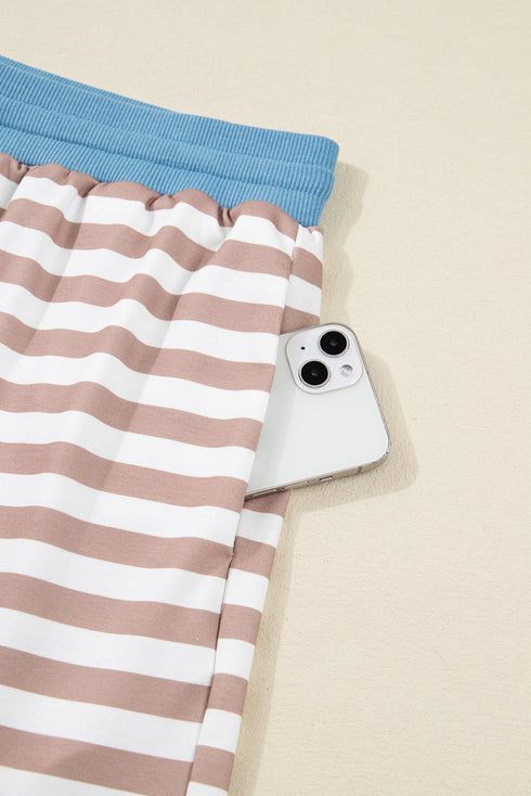 Striped Contrast Edge Drop Shoulder Pullover Shorts Set