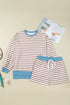 Striped Contrast Edge Drop Shoulder Pullover Shorts Set