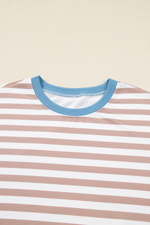 Striped Contrast Edge Drop Shoulder Pullover Shorts Set