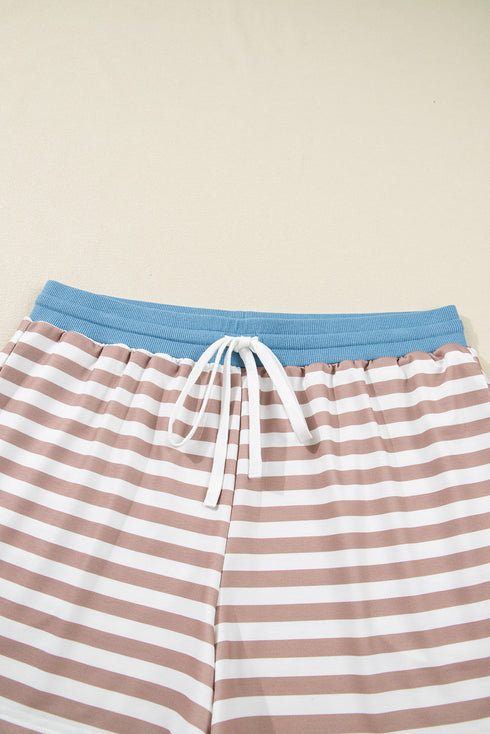 Striped Contrast Edge Drop Shoulder Pullover Shorts Set