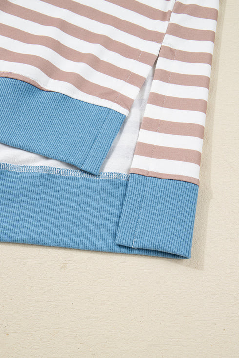 Striped Contrast Edge Drop Shoulder Pullover Shorts Set