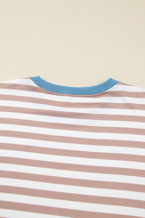 Striped Contrast Edge Drop Shoulder Pullover Shorts Set