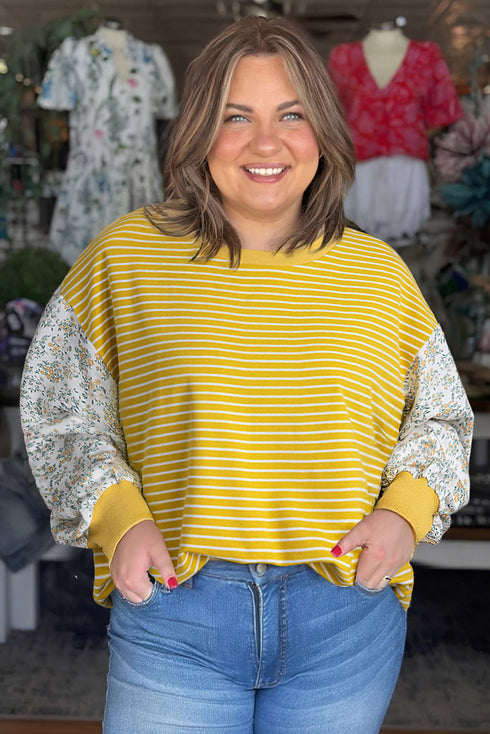 Striped Contrast Floral Sleeve Patchwork Long Sleeve Top