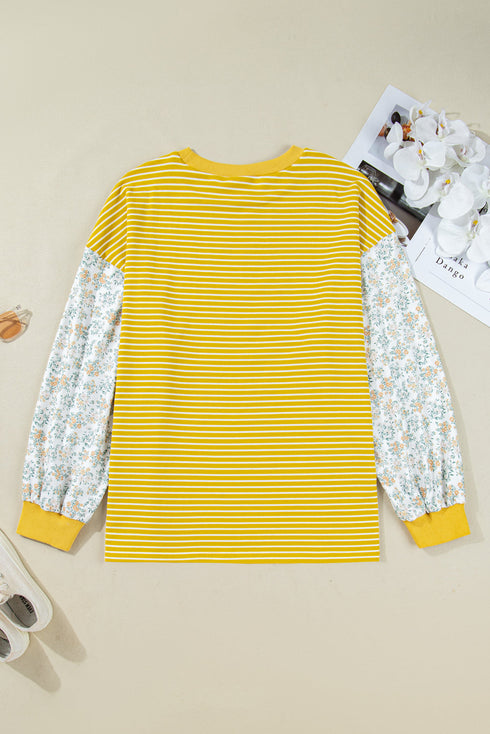 Striped Contrast Floral Sleeve Patchwork Long Sleeve Top