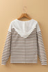Striped Contrast Panel Buttoned V Neck Textured Hooded Long Sleeve Top