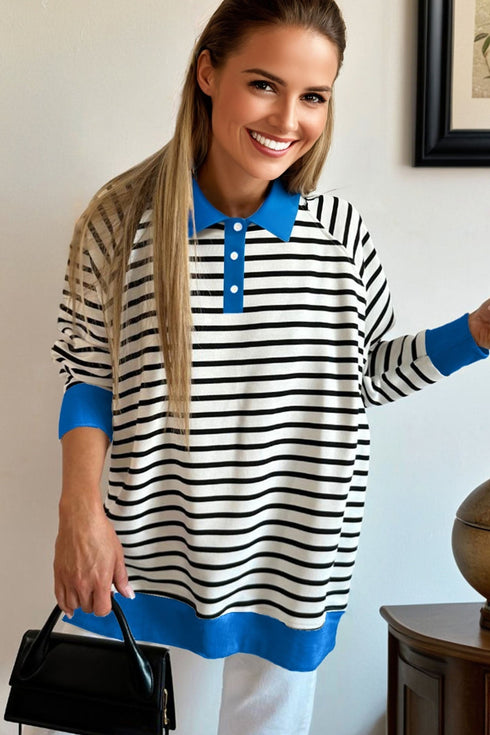 Striped Contrast Trim Button Placket Polo Top