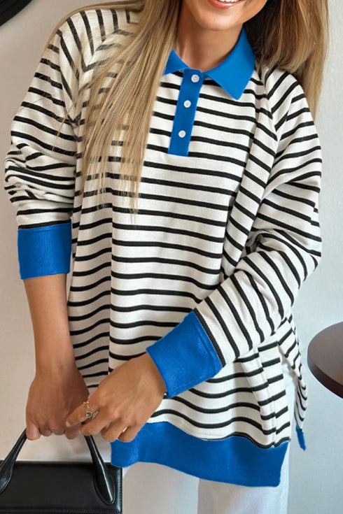 Striped Contrast Trim Button Placket Polo Top