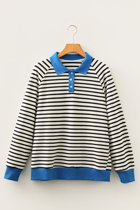Striped Contrast Trim Button Placket Polo Top