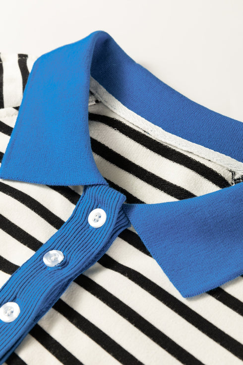 Striped Contrast Trim Button Placket Polo Top