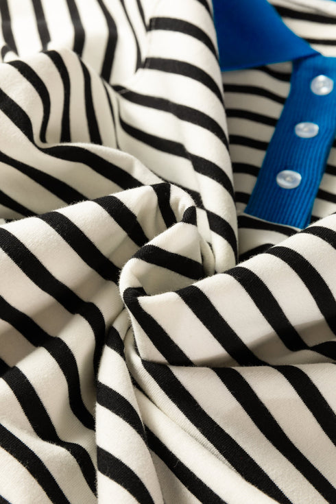 Striped Contrast Trim Button Placket Polo Top