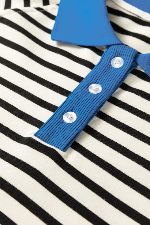 Striped Contrast Trim Button Placket Polo Top