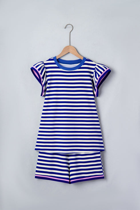 Striped Contrast Trim Cap Sleeve Casual Short Set