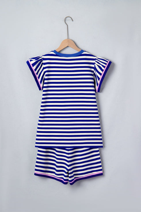 Striped Contrast Trim Cap Sleeve Casual Short Set