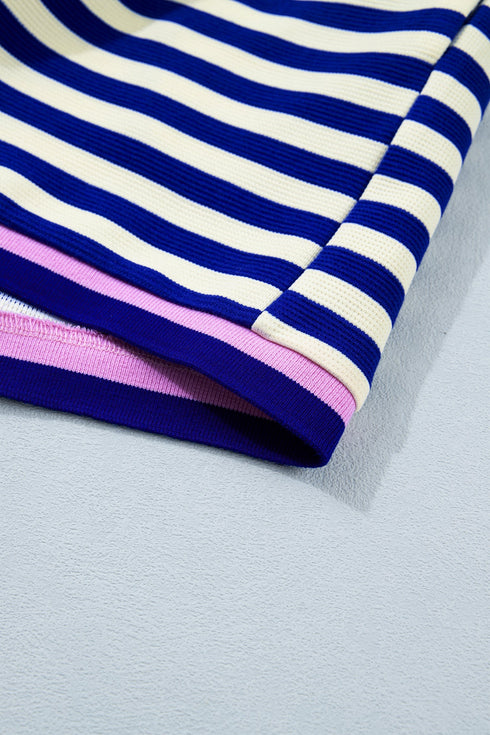 Striped Contrast Trim Cap Sleeve Casual Short Set