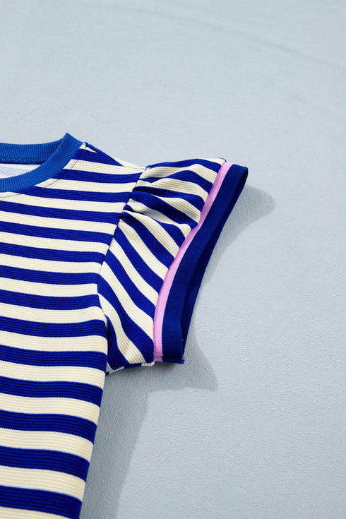 Striped Contrast Trim Cap Sleeve Casual Short Set